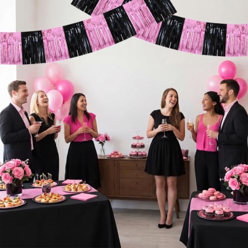 Image of BEISHIDA 3 Pack Black Pink Foil Fringe Garland 30ft Wall Tinsel Banner