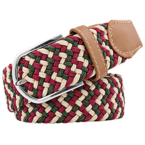 JK Home Cinto elástico entrançado de 3,3 cm de largura, cintos de cintura tecidos elásticos de 3 tamanhos com fivela de couro PU, cinto de lona casual para homens e mulheres, Vermelho verde bege