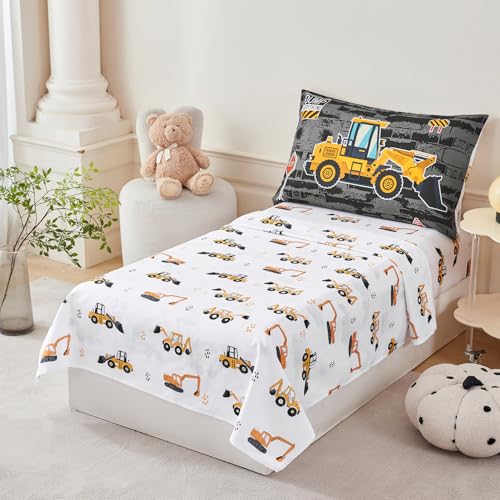 Image of PERFEMET 4 Pieces Construction Boys Toddler Bedding Set, Vehicles Cars Truck Printed Toddler Comforter Set with Sheets, Soft Reversible Excavator Grey Bed Set for Baby Boy