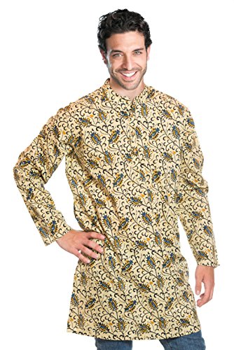 ufash Camisa Kurta de la India, Estampado Tradicional a Mano - 100% algodón, S, Beis