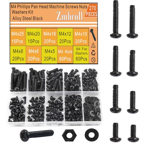 Zmbroll 270個 M4 なべ頭ねじ M4x5/6/8/10/12/16/20/25mm メートル法小ネジ ブラック 全ねじ電気技師 ねじボルト ナット ワッシャー ハードウェア詰め合わせキット ケース付き