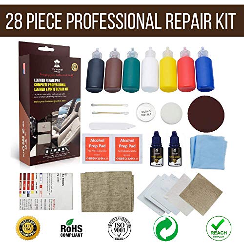 Strongman Tools | 28 Piece Professional Leather and Vinyl Repair Kit, No Heat, Fast Drying, Simple 7 Step Instructions, Match Any Color, Car Seats, Sofas, bags, Shoes, Jackets, Boat Seats and Couches!