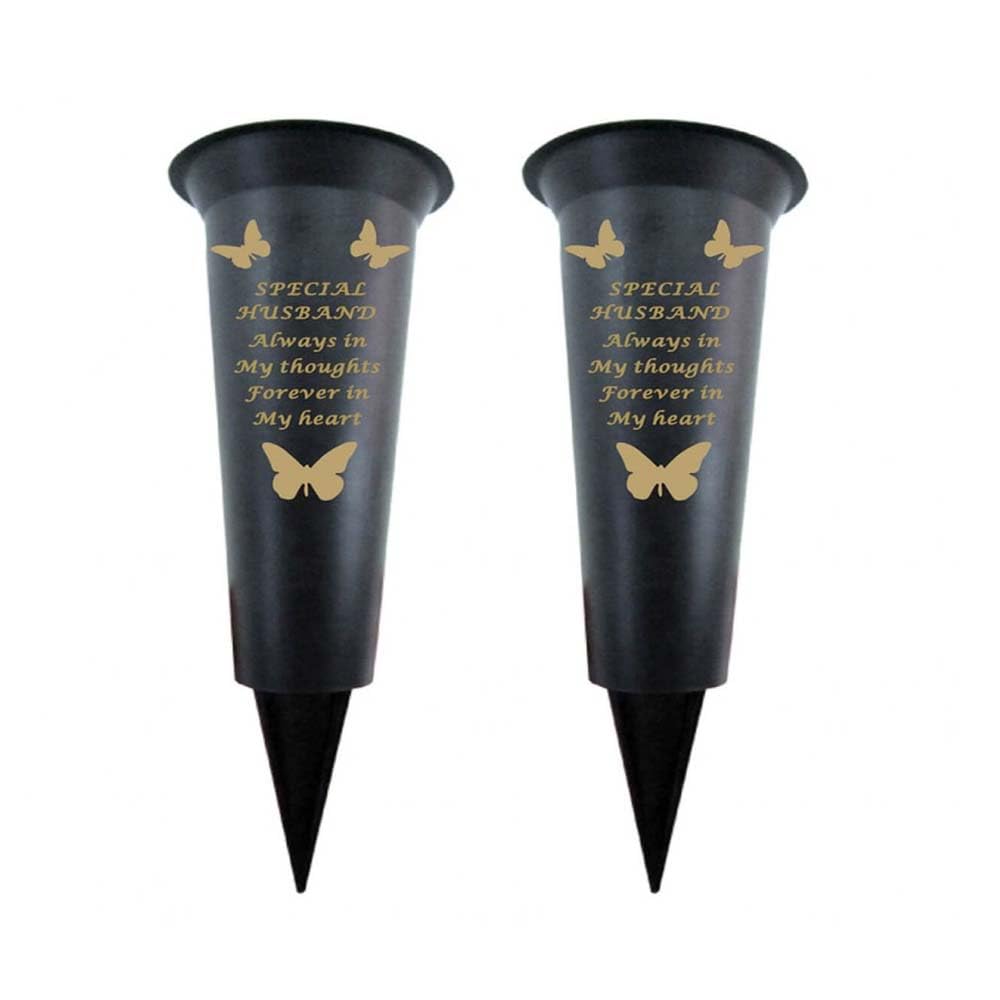 Memorial Grave Vases Ornaments Black Plastic Flower Holders - Butterfly Spike Grave Flower Vases with Funeral Verses for Your Loved Ones - Pack of 2 (Husband - Pack of 2)