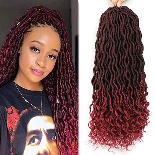 6 Packs Ombre Goddess Wavy Faux Locs Fiber Braiding Hair with Curly Ends 20 Inch Curly Faux Locs Crochet Hair Synthetic Braids Hair Extensions 85g/pieces(#T1B/Bug, Black to Burgundy)
