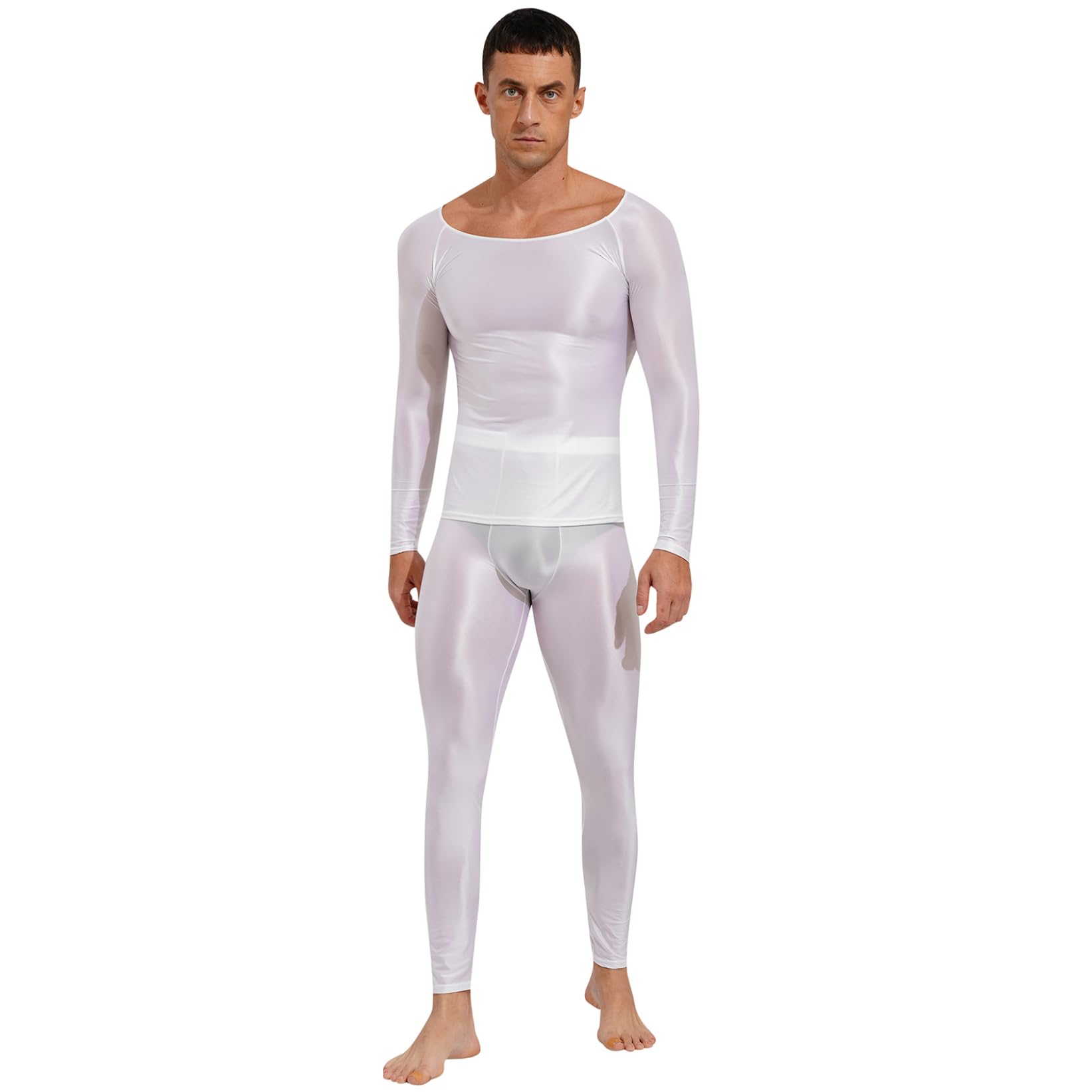 Men's 2Pcs Glossy Nylon Silky Outfits Smooth Undershirts with Sheer Leggings Bottoms-image-38