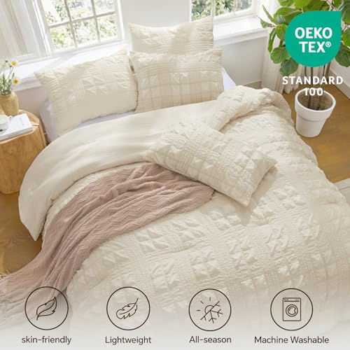 Image of BEDELITE King Size Comforter Set, Seersucker Bedding Set 3 Pieces, Cream | All Season Use, Machine Washable, Soft and Lightweight, Ruched Comforter for Bedroom, Wrinkle-Resistant, Cozy and Stylish