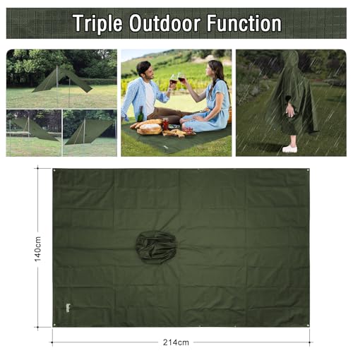 Azeekoom Regenjacke Regenponcho, Regenmantel Wasserdicht Unisex Camping Zelt Campingdecke 3 in 1 Multifunktionaler Regencape für Picknick im Freien Trekking Camping Angeln Jagd Ausflug (Grün)