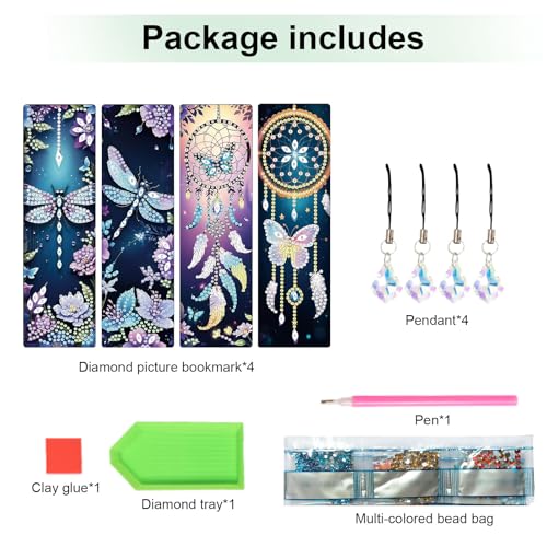 Image of 4 Pack Diamond Painting Bookmarks, 5D Dreamcatcher Butterfly Dragonfly Diamond Art Bookmark Kit with Tassels, DIY Beaded Rhinestone Book Mark Craft for Adults Beginners Reading Gift