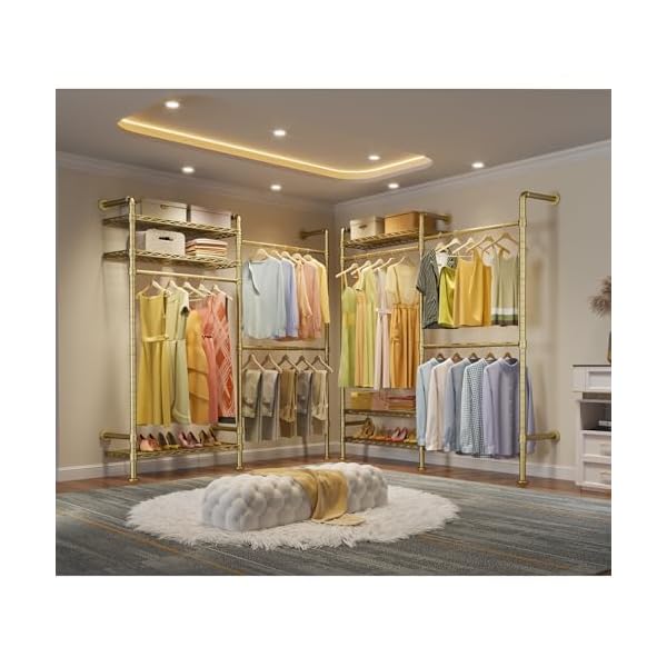 Timate f2 industrial pipe clothes rack wall mounted clothing rack for hanging clothes expandable garment rack heavy duty wardrobe closet organizer and storage adjustable industrial closet kit gold  urban country home decor