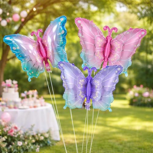 Image of Rozi Decoration Butterfly Foil Balloons for Birthday Decoration, Pastel Butterfly Theme Helium Balloons for Kids Party, Baby Shower, Garden Party & Home Decor (Pack of 3)
