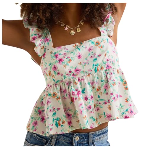 Women Babydoll Floral Tank Top Flower Print Ruffle Strap Sleeveless Peplum Shirt Flutter Sleeve Square Neck Cami Top White Pink