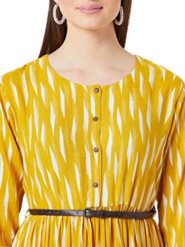 Image of Miss Chase Women's Mustard Yellow Belted Printed Midi Dress