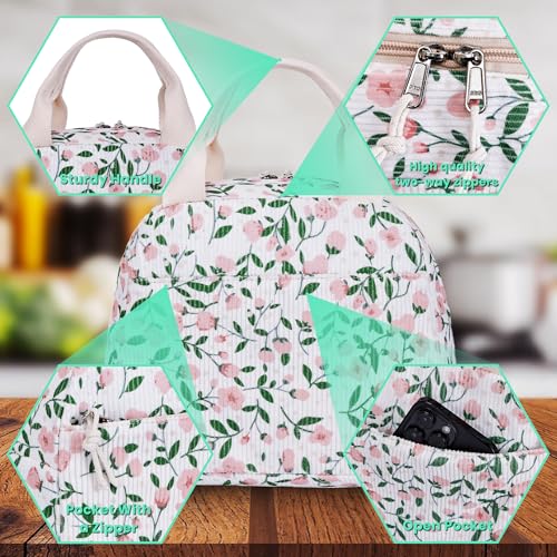 Lunch Bag for Women Grils Adult Cute Corduroy Lunch Tote Bags Reusable Insulated Lunch Box Large Capacity for Work Picnic or Travel (Flower) — view 5
