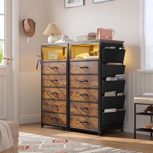 Image of EnHomee Night Stand with 5 Drawers, Dresser with Charging Station and LED Light, Tall Nightstand with Extra Side Bag & Hooks, Bedroom, Closet, Hallway, Entryway, Rustic Brown