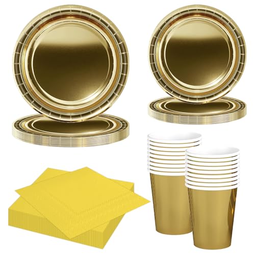 MORAINJAY Ensemble de Vaisselle de Fête Or 68 Pièces, Assiettes en Papier, Tasses, Serviettes, Vaisselle pour Anniversaire, Mariage, Baby Shower, Diplôme,...