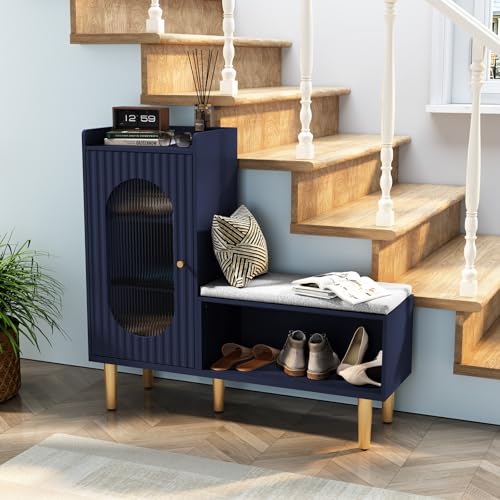 Image of HLR Storage Bench Set of 2, Blue Modern Entryway Shoe Cabinet Bench with Glass Door&Shelf, L-Shaped Storage Cabinet with Padded Seat for Hallway, Bedroom, Living Room, Office