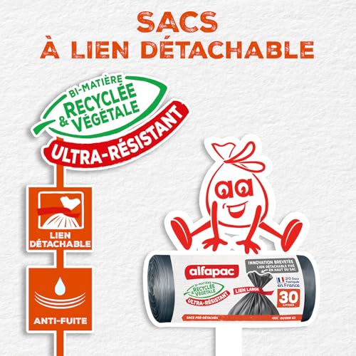 alfapac 20 sacs poubelle à lien large ultra resistant fabriqués en France bi matière recyclée & végétale - vue 2
