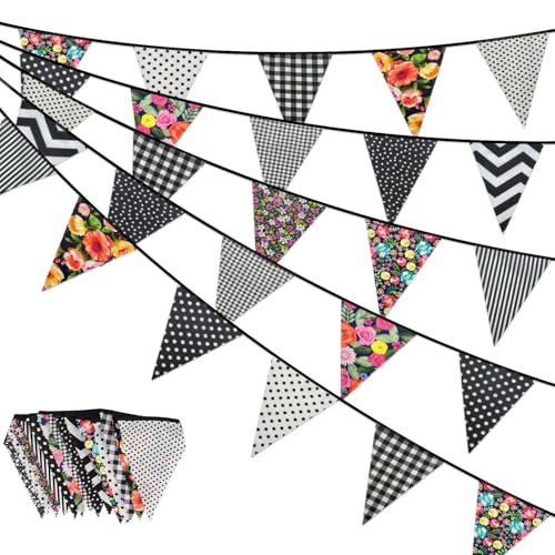 Banderines de tela negra, 10 m, 26 banderines florales para jardín, banderines de tela vintage para fiestas, cumpleaños, té de la tarde, Pascua y decoraciones del día de la madre