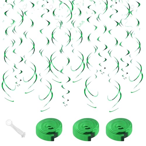Green Hanging Swirls Party Decorations 30 Pack- Extra Long Double Swirl Ceiling Decorations for Minecraft Birthday, Christmas, Wedding, St.Patrick’s Day| Reusable Green Party Streamers with Hooks