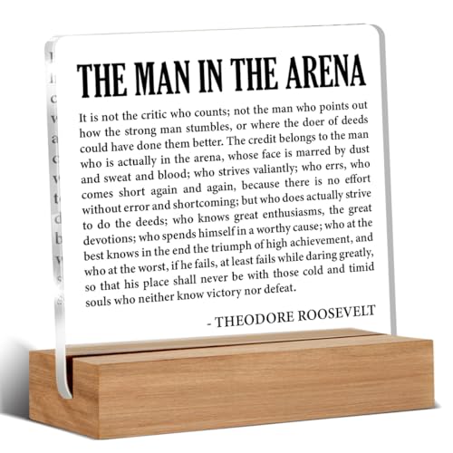 Motivational Desk Decor Inspirational the Man in the Arena Acrylic Plaque Sign With Wooden Stand Decoration for Home Office Cubicle Positive Gifts