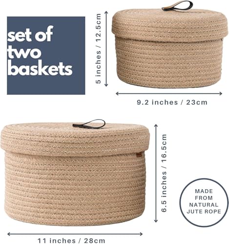 Image of AuraNest Cottan Box round mini rope storage jute woven Shelf basket hamper baby nursery tray bucket organizer gifts set of 2 for kids toys,fruits,living room,bathroom,kitchen,office (Brown)