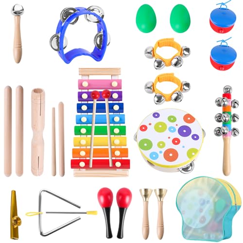 Kit de Instrumentos de Madeira-19 Peças, Instrumentos Musicais com Bolsa, Transporte de Instrumentos de Percussão, Instrumentos Musicais, Instrumento Musical, Xilofone, Pandeiro, Multicor