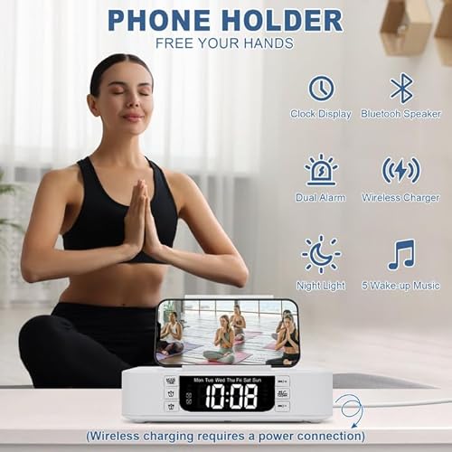 Alarm Clock with Wireless Charging 15W, Alarm Clocks Bedside, Bedside Clock with Wireless Charger, Bluetooth Speaker, Dual Alarm, Night Light, Brightness, Digital Alarm Clock for Bedside Room-White Alarm Clock with Wireless Charging 15W, Alarm Clocks Bedside, Bedside Clock with Wireless Charger, Bluetooth Speaker, Dual Alarm, Night Light, Brightness, Digital Alarm Clock for Bedside Room-White