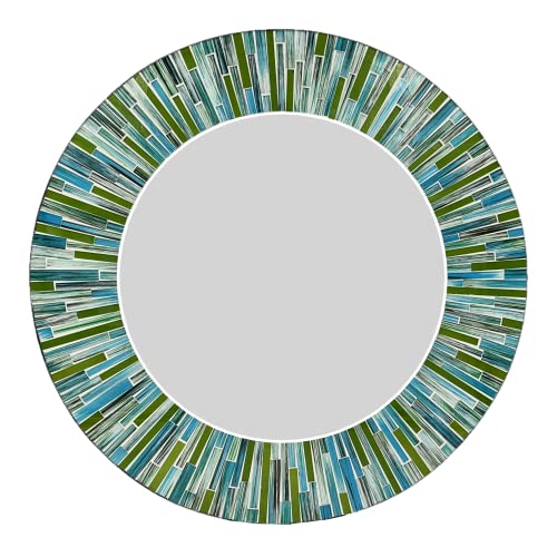 Zorigs Mosaic Mirror, Wall Art DÃ©cor – Handcrafted Decorative Wall Mirror, Turquoise, Mixed with Blue and Green Long Tiles Mosaic 24â€ Round Mirror for Hallway, Bedroom, Bathroom, Living Room