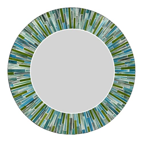 Zorigs Espejo decorativo para pared, espejo de pared decorativo hecho a mano, turquesa, mezclado con azulejos largos azules y verdes, espejo redondo de 24 pulgadas para pasillo, dormitorio, baño, sala