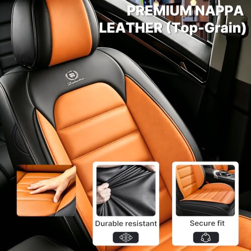 Image of Front Set Car Seat Covers for Jeep Compass 2007-2026, Waterproof Stain-Resistant Seat Cover, Premium Nappa Leather Seat Protectors with Storage Pockets(Standard 2 Seats /Black&Orange)