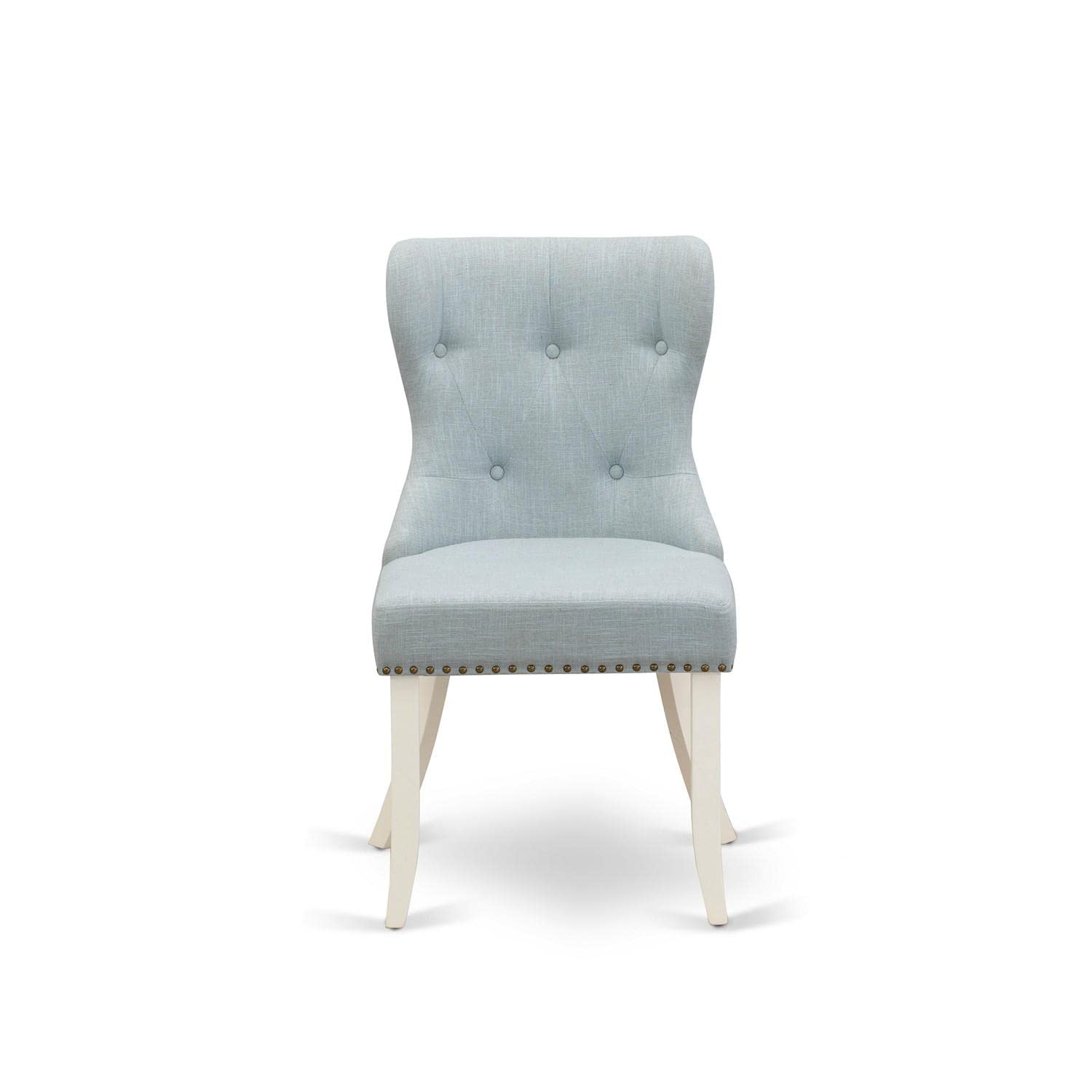 East West Furniture SIP2T15 Parson Dining Room Chair Includes White Solid Wood Structure with Baby Blue Linen Fabric Seat with Nail Head and Button Tufted Back