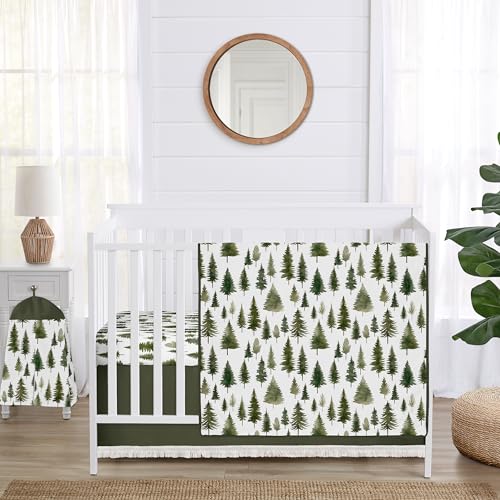 Image of Sweet Jojo Designs 4-Piece Baby Crib Bedding Set (Sage Green Woodland) for Boys /Girls, Infants /Nursery incl. Blanket, Fitted Sheet, Skirt, Diaper Stacker (Forest Themed, Nature, Pine Tree, Abstract)