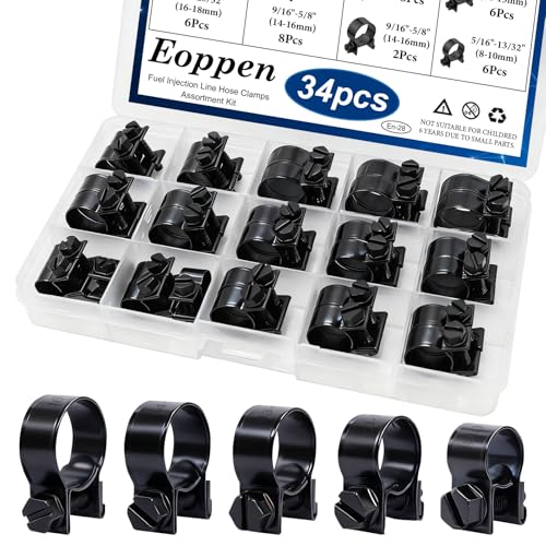 Eoppen 34Pcs 5 Sizes 8-18mm Fuel Line Clamp Assortment Kit 1/4Inch 5/16Inch 3/8Inch Black Fuel Injection Gas Line Hose Clamps for Diesel Petrol Pipe