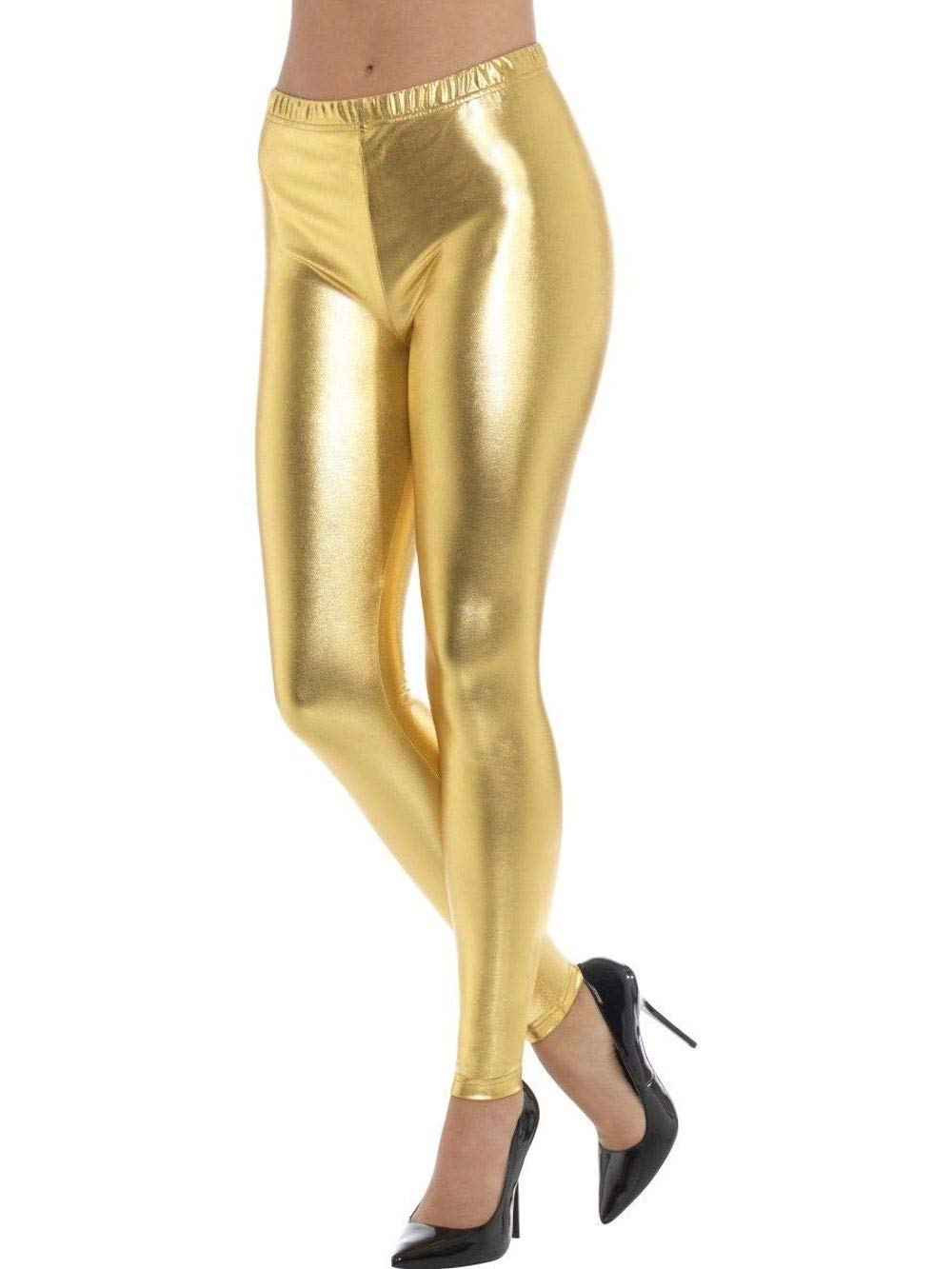 Janisramone Women's Gold New Shiny American Metallic Skinny Disco Leggings Wet Look Stretch Pants