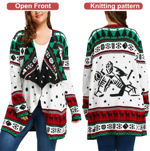 Gosopin Women Reindeer Snowflakes Open Front Christmas Sweater Cardigan Turndown Collar Geometric Print Long Sleeve Knit Coat Large White #TOP2