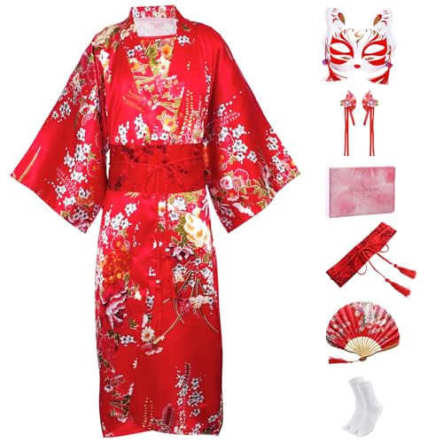 CRFASIBE Niña Bata Kimono Japonesa, Infantil Cosplay Disfraces Vestido Japonesa, Chicas Yukata Kimono con Accesorios, Ropa para Festivales Culturales(Rojo,130cm)