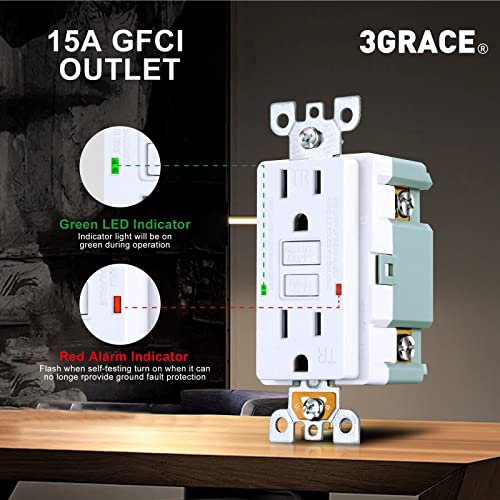 3Grace 15 Amp Gfci Outlet, Tamper-Resistant Gfi Receptacle With Led Indicator, Self-Test Ground Fault Circuit Interrupter, Decorator Wall Plates And Screws Included, Ul Listed, White (10 Pack) #TOP3