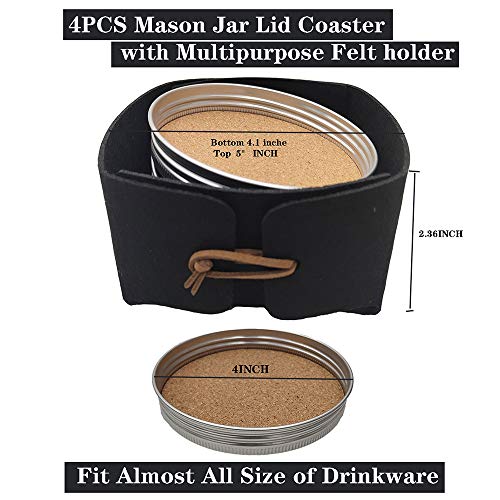 Mason Jar Lid Coaster With Multipurpose Felt Holder,Country Farmhouse Rustic Coasters For Drinks With Metal Rim, Cork Bottom Absorbent Drink Coasters, Coasters With Lip Set Of 4 #TOP1
