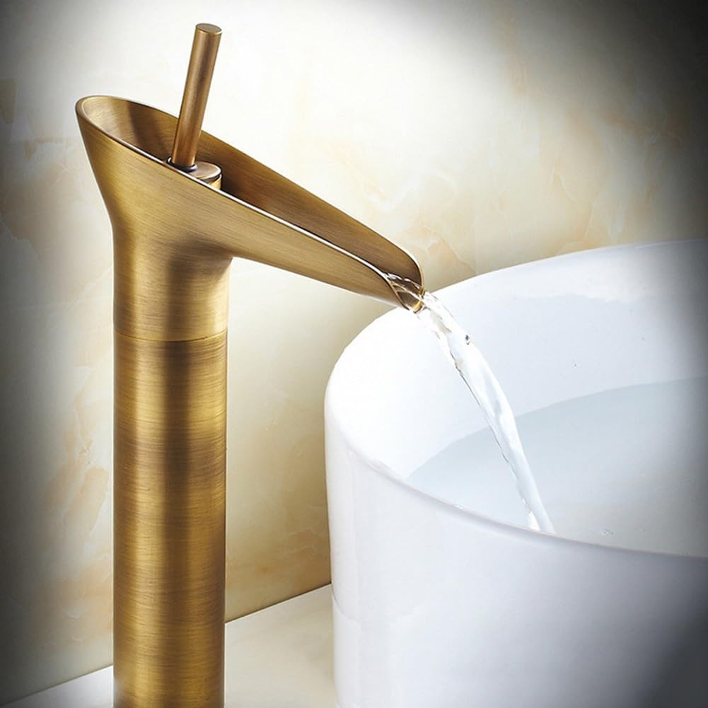 EasyByMall Robinet mitigeur de lavabo cascade, robinet d'évier de salle de bain, robinet de tasse à vin en cuivre, robinet mélangeur de lavabo chaud et froid, robinet à levier unique en laiton