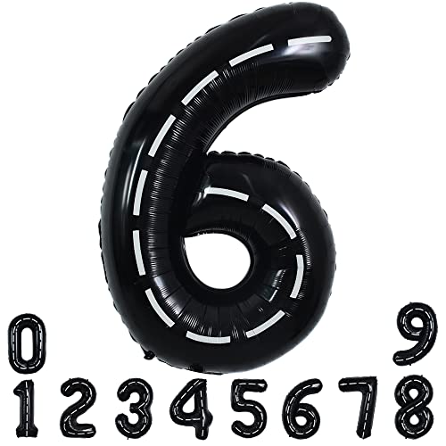 Image of TONIFUL Race Car Black Balloons Car Birthday Party Supplies,40 Inch Giant Jumbo Helium Foil Mylar Big Number 6 Digital 6 Balloons for Boy's Birthday Party Truck Race Car Theme Party Decorations | 6th 16th 26th Race Car Birthday Party Supplies Foil Black 6 Balloon for Boys Men Fast Checkered Flag Party Decor