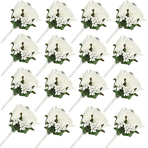 FAYBOX 16 Pack Rose Boutonniere Set Wedding Boutonnieres for Groom Groomsmenï¼ŒFlower Boutonnieres for Wedding Party Prom Man Suit Decoration