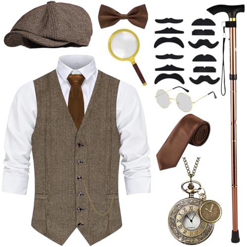 WILDPARTY Costume Homme Année 20 Accessoire, Gilet Brun, Béquilles Pliables, Loupe, Montre de Poche, Chapeau Fedora, Costume de Gangster Mafieux pour Hommes,...