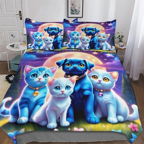 Housse de couette chat avec taies d'oreiller ensemble de lit microfibre 220x240cm pour grand lit