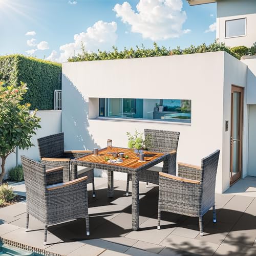 Image of Shintenchi 5 Piece Patio Dining Set, Wicker Patio Conversation Set with Wooden Table Top, Outdoor Table and Chairs with Soft Cushions for Backyard, Deck and Garden, Grey Wicker