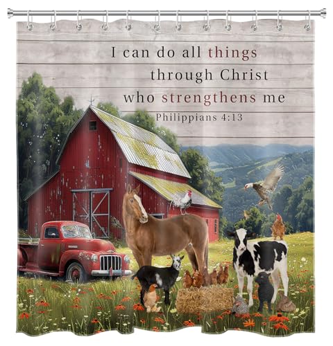 ECOTOB Farm Animals Shower Curtain for BathroomFarmhouse Red Barn Truck and Horse Cow with Chicken Shower Curtain Decor Rustic Country Shower Curtain with Hooks Polyester Fabric 72Lx72W Inches