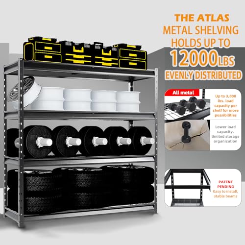 Image of The Atlas 72 inch W Metal Garage Shelving Unit Load 12000 Lbs, 4 Tier Heavy Duty Storage Rack, Adjustable Industrial Shelves for Warehouse Shop Basement, 72 inch W x 24 inch D x 72 inch H, Black