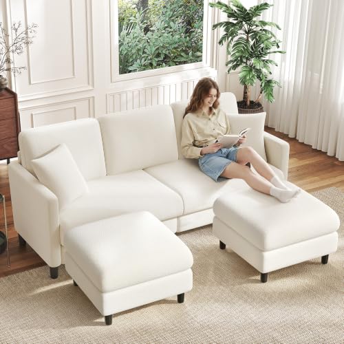 Image of Welzona 83 inch Couches for Living Room, Teddy Sofa Couch with Storage Ottomans, U Shaped Couch with Movable Ottomans, Tool-Free Modular Sectional Sofa, All-Wood Sofas for Living Room 2 Pillows, Beige