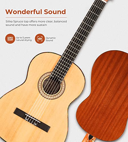 Image of Vangoa Classical Guitar, 39 inch Nylon String, Full Size Beginner Spanish Guitar With Spruce Top And Sapele Back, Bundle for Gig Bag, Pedal, Tuner, Strap, Capo, Spare Strings