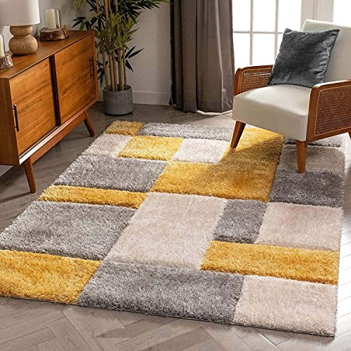 Image of Shaggy Rug for Bedroom Living Room 3X5 FEET Fluffy Plush Area Carpet with Non Slip Backing, Modern Cozy Floor Rug for Home Decor and Comfort (Yellow Grey -Box)