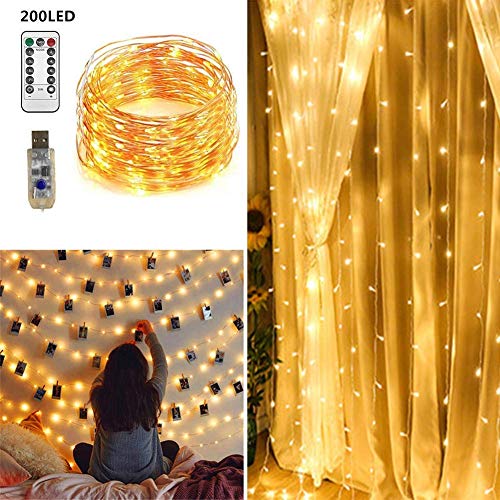 Twinkle Star 200 LED 66 FT Copper String Lights | 300 LED Window Curtain String Light, Warm White